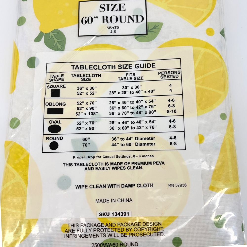 Better Home Tablecloth PEVA Flannel Back Lemon Fruit Print Yellow 60" Round - Picture 3 of 4